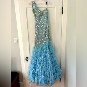 Light Blue Rhinestone One Shoulder Prom Dress with Slit and Feather Skirt